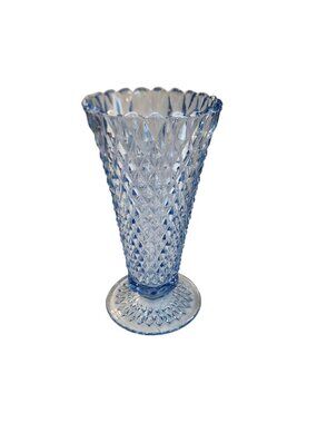Indiana Glass Diamond Point Blue Pedestal Vase 8 High 1960's